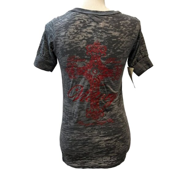 LAST ONE! Cowgirl Tuff‎ Gray Burn Out Victory Cross V Neck Western T Shirt NWT - Picture 10 of 10